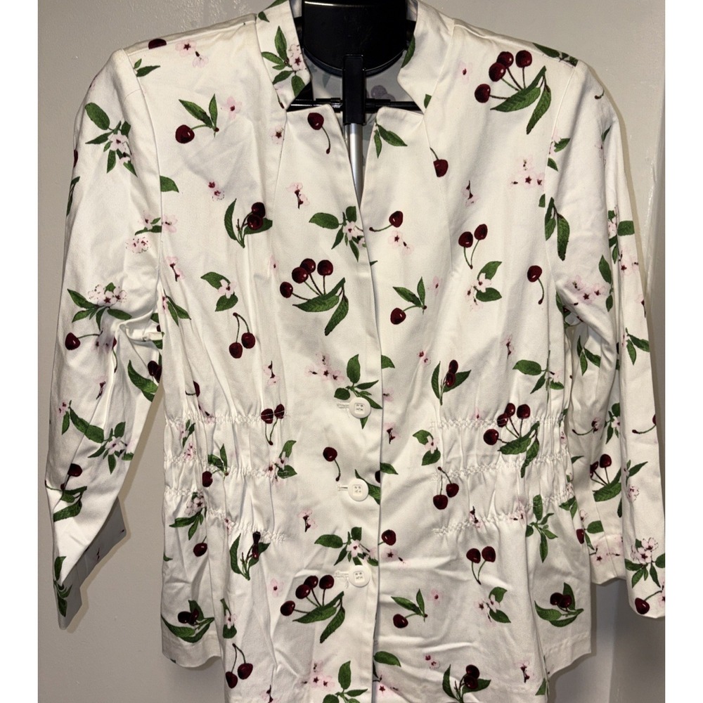 Joan Rivers Cherries Cinched Waist Blazer Jacket 3/4 Sleeve White/Red Size 14